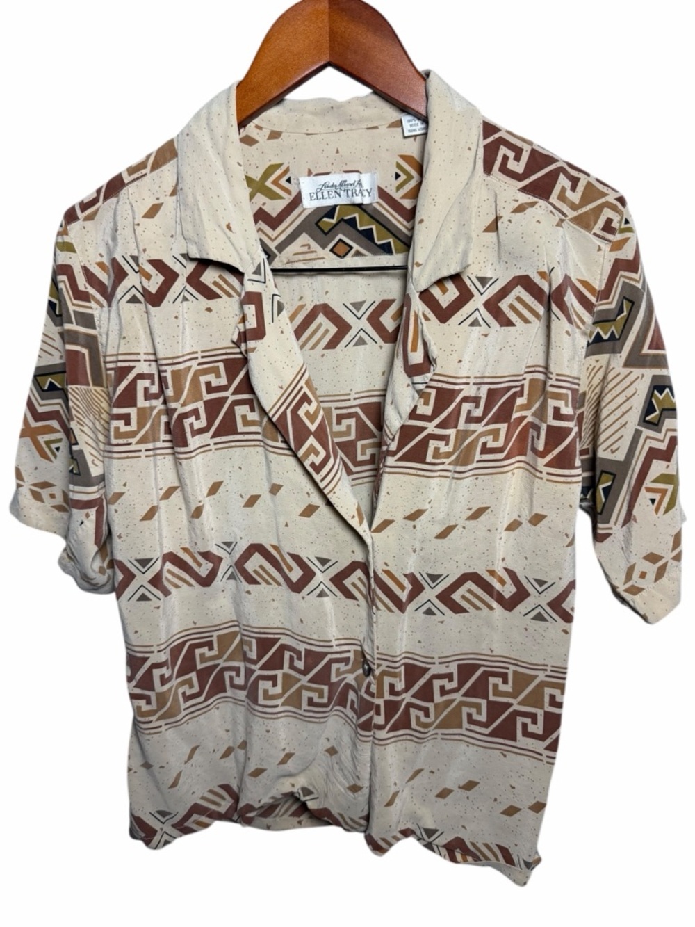 Ellen Tracy Cream & Brown Geometric Short-Sleeve Blouse 100% Silk - Picture 1 of 7